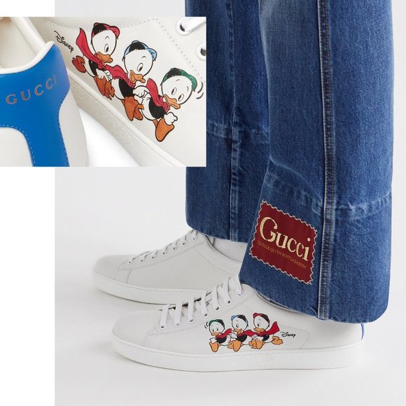 GUCCI SNEAKERS MENS LEATHER DISNEY ACE HUEY DEWEY LOUIE LOGO SHOES 9G US 9.5 - Picture 1 of 16